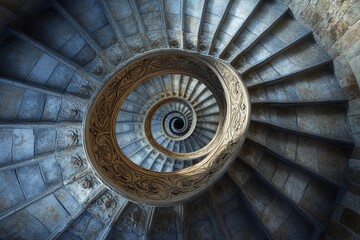 Endless spiral staircase viewed from above, showcasing a mesmerizing architectural design in a historic building