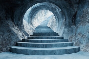 Steps lead into an endless circular tunnel creating a mysterious atmosphere with a sense of depth and intrigue