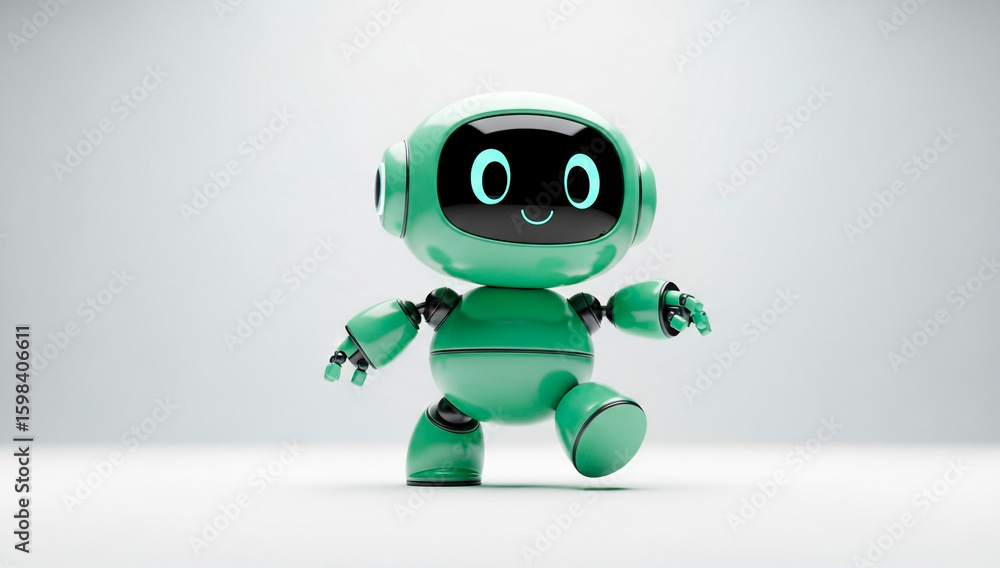 Fototapete a light green robot with a smiling face walking on a white surface in a studio setting with soft lig