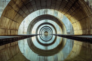 Vaulted bridge structure creates stunning mirror reflection beneath in calm water during early morning light