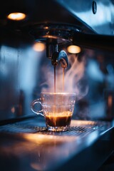 A rich espresso flows from a machine into a glass cup, emitting steam, creating a cozy caf? atmosphere.