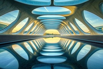 Vaulted bridge structure creates stunning mirror reflection beneath in calm water during early morning light