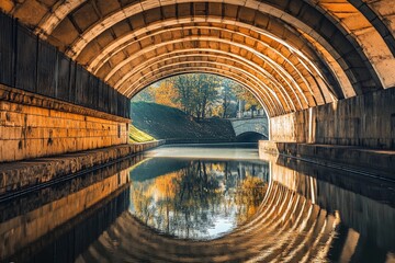 Vaulted bridge structure creates stunning mirror reflection beneath in calm water during early morning light