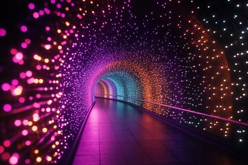 Colorful illuminated tunnel creates a stunning visual experience with shimmering lights in various hues