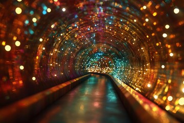 Colorful illuminated tunnel creates a stunning visual experience with shimmering lights in various hues