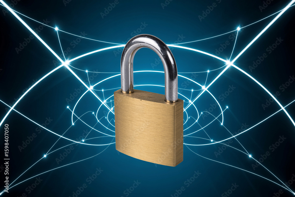 Poster golden padlock secured within a glowing blue digital network grid representing cybersecurity and dat