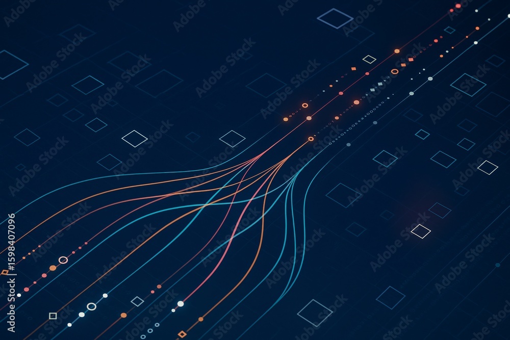 Poster abstract data streams on blue background with geometric shapes represent connectivity