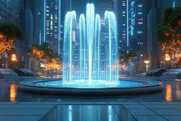 Futuristic plaza featuring a symmetrical fountain illuminated by urban lights in a vibrant cityscape