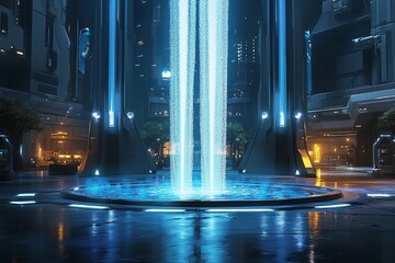 Futuristic plaza featuring a symmetrical fountain illuminated by urban lights in a vibrant cityscape