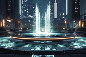 Futuristic plaza featuring a symmetrical fountain illuminated by urban lights in a vibrant cityscape