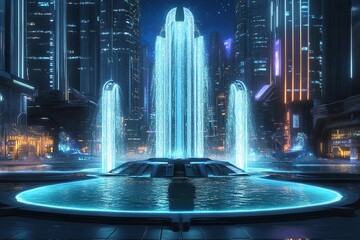 Futuristic plaza featuring a symmetrical fountain illuminated by urban lights in a vibrant cityscape