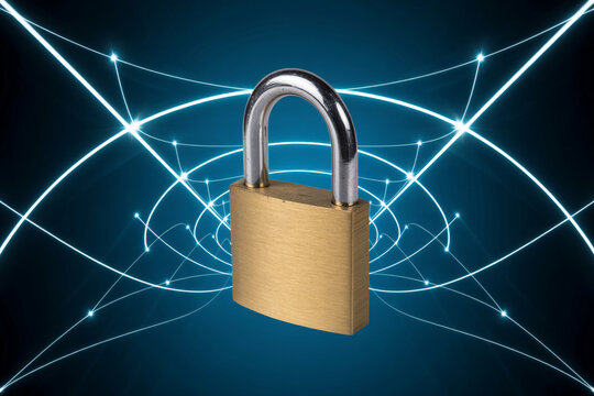 Golden padlock secured within a glowing blue digital network grid representing cybersecurity and data protection