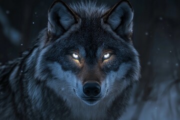 Wolf with radiant eyes reflects the power of the moon in a mystical forest setting under twilight sky