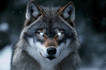 Wolf with radiant eyes reflects the power of the moon in a mystical forest setting under twilight sky
