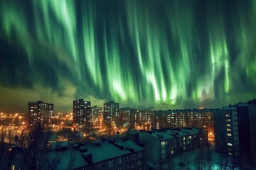 Aurora-like phenomenon illuminates city skyline with vibrant lights against a darkening twilight backdrop