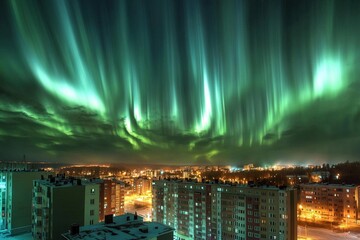 Aurora-like phenomenon illuminates city skyline with vibrant lights against a darkening twilight backdrop