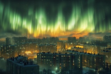 Aurora-like phenomenon illuminates city skyline with vibrant lights against a darkening twilight backdrop
