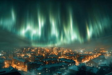Aurora-like phenomenon illuminates city skyline with vibrant lights against a darkening twilight backdrop
