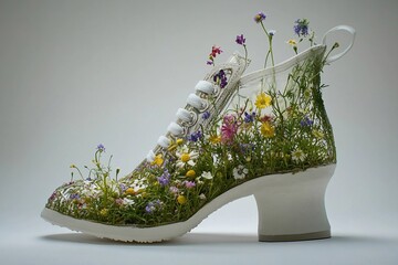 Colorful wildflowers grow from a pair of worn shoes resting on a sunny stone in nature's vibrant landscape