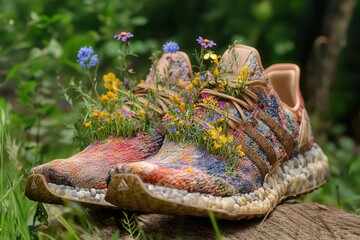 Colorful wildflowers grow from a pair of worn shoes resting on a sunny stone in nature's vibrant landscape