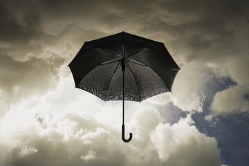 Umbrella suspended in the sky with rain falling, surrounded by vibrant clouds and a dramatic atmosphere