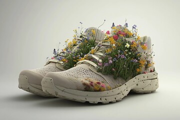 Colorful wildflowers grow from a pair of worn shoes resting on a sunny stone in nature's vibrant landscape