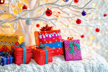 Festive gifts for Hanukkah and Christmas adorning a white tree with bright decorations