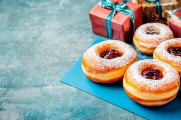 Delicious Hanukkah sufganiyot with powdered sugar and festive gifts arranged for celebration