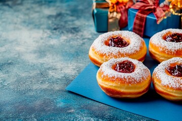 Delicious Hanukkah sufganiyot with powdered sugar and festive gifts arranged for celebration