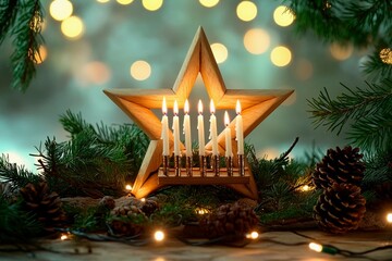 Elegant Hanukkah display with candlestick and glittering decorations in warm evening light