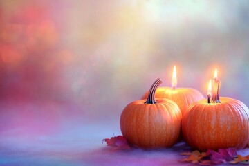 Candle lit Halloween pumpkins glowing in vibrant colors with empty space for festive greetings
