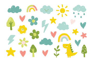 Whimsical Doodle Set: A collection of cheerful doodles featuring clouds, rainbows, suns, flowers, hearts, and more, perfect for adding a touch of joy and creativity to your projects.