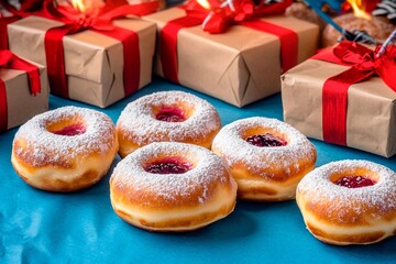 Delicious Hanukkah sufganiyot with powdered sugar and festive gifts arranged for celebration