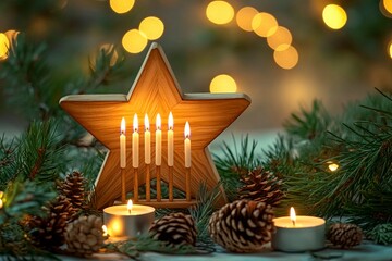Elegant Hanukkah display with candlestick and glittering decorations in warm evening light