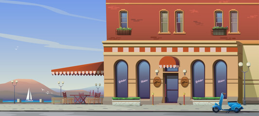 Embankment with terrace and restaurant, catering establishment with seafood cuisine. Bistro building, street with cobblestone sidewalk, parked scooter, Mediterranean or Atlantic coast. Vector cartoon.