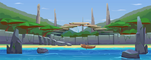Coast with sandy beach and boat, stone pillars steps, sea bay or cove with rocks. High rocky coast with stone arch, tropical trees and vegetation. Panoramic seascape and waves, vector cartoon.