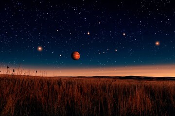 Enormous planets loom over a serene night sky filled with stars