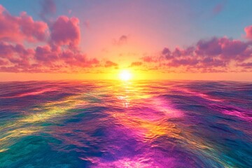 Sunset over a glowing sea creates a vibrant reflection of colors at the horizon