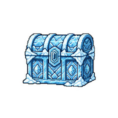 Pixel Art Pure Ice Crystal Treasure Chest with Diamond Motifs - 2D Game Asset