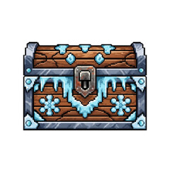 Pixel Art Weathered Wooden Chest with Icicles and Snowflakes - 2D Frozen Game Asset
