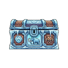 Pixel Art Frozen Artifact Chest with Ice Age Creatures - 2D Game Asset