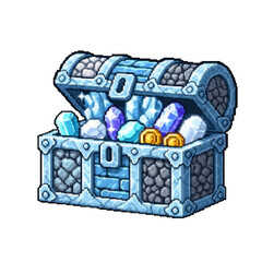 Pixel Art Opened Stone and Ice Treasure Chest with Gems - 2D Game Loot