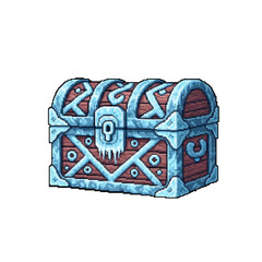 Pixel Art Runic Frozen Wooden Treasure Chest with Icicles - 2D Game Asset