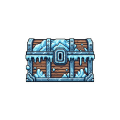 Pixel Art Snow-Covered Wooden Chest with Icicles - 2D Frozen Game Asset