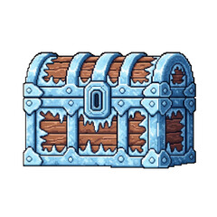 Pixel Art Damaged Wooden Chest with Icy Frame - 2D Frozen Game Asset