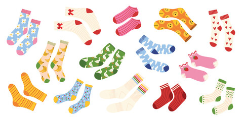 Cozy colorful socks collection. Cute socks with different patterns. Trendy clothing items. Warm fall and winter accessory. Vector illustration isolated on white background.