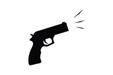 Black silhouette of a handgun firing with muzzle flash isolated on white background