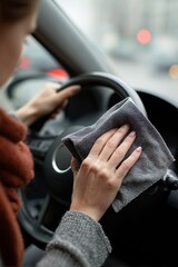 Person wipes car steering wheel with cloth, focusing on cleanliness and hygiene, illustrating attention to automotive interior care.
