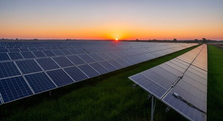 Solar Panel Farm at Sunset | Sustainable Energy and Clean Power Generation Landscape for Renewable Energy Marketing and Environmental Conservation