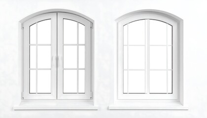 Two identical white arched windows on a white wall